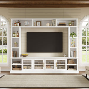 All-In-One Entertainment Center With Bookshelves & Tempered Glass Doors, TV Console Unit For Living Room