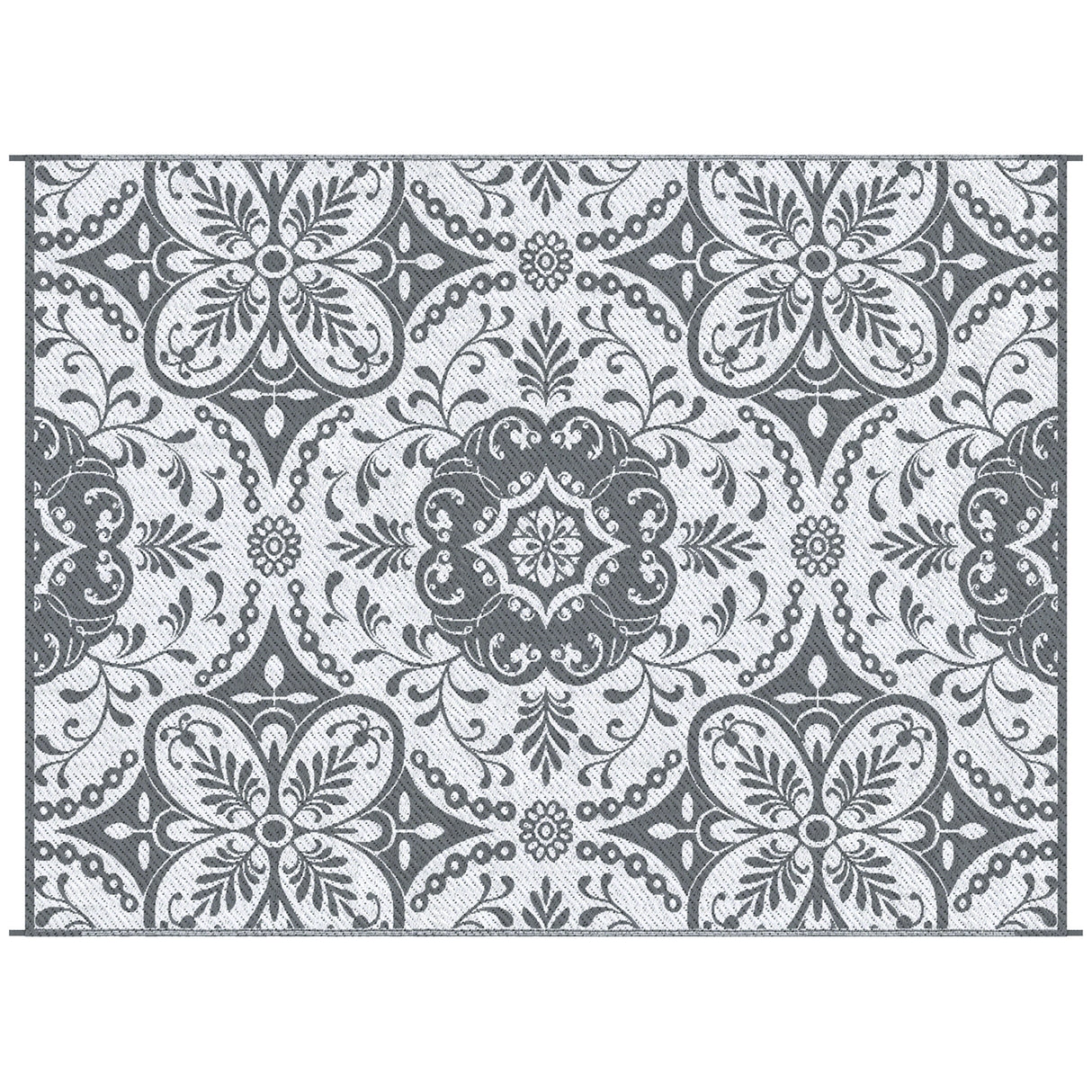 Reversible outdoor rug carpet, 9' x 12' waterproof plastic straw rug, gray & white floral