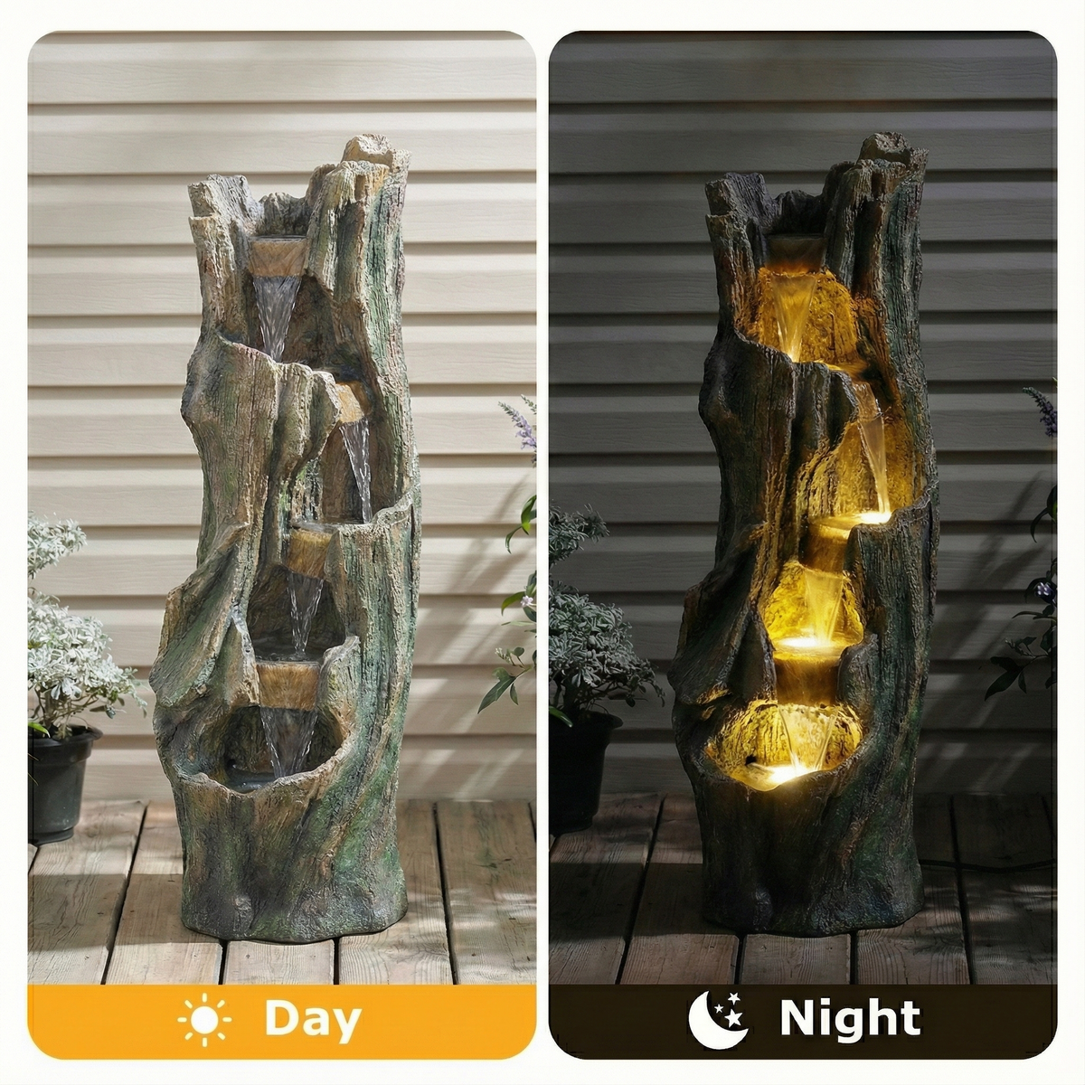 Waterfall Fountain for Outdoor Gardens with LED Lighting - Grey