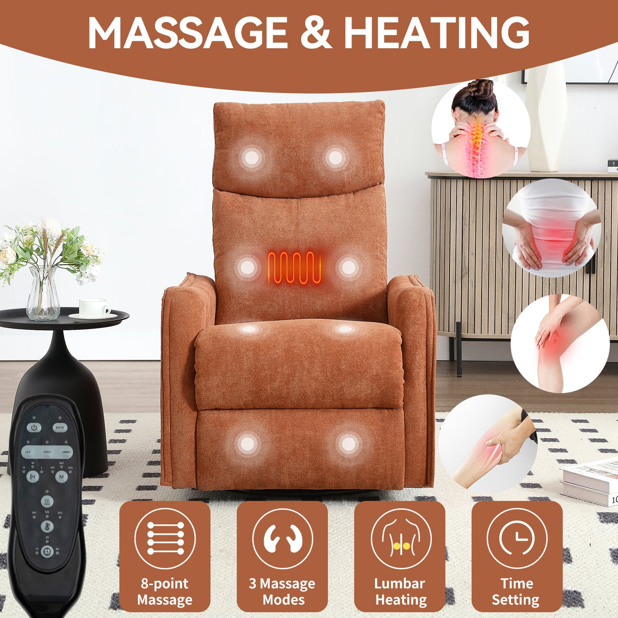 Heat Massage Manual Recliner Chair with Rocker & Swivel