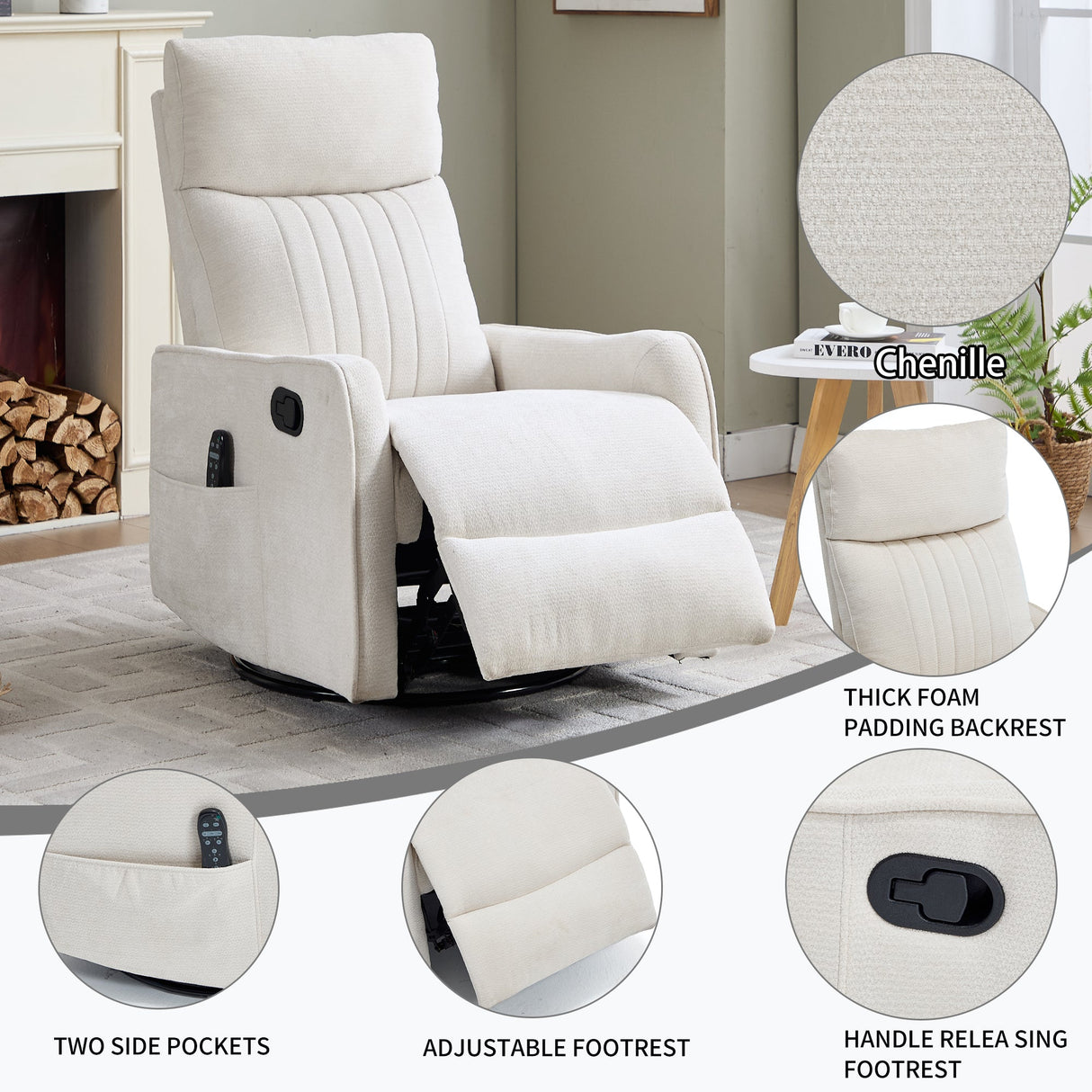 Beige Heat Massage Manual Recliner Chair with Rocker and Swivel