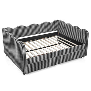 Full Size Cozy Gingham Daybed with Two Storage Drawers, with USB Port and Adorable Wave Shaped, Linen Fabric