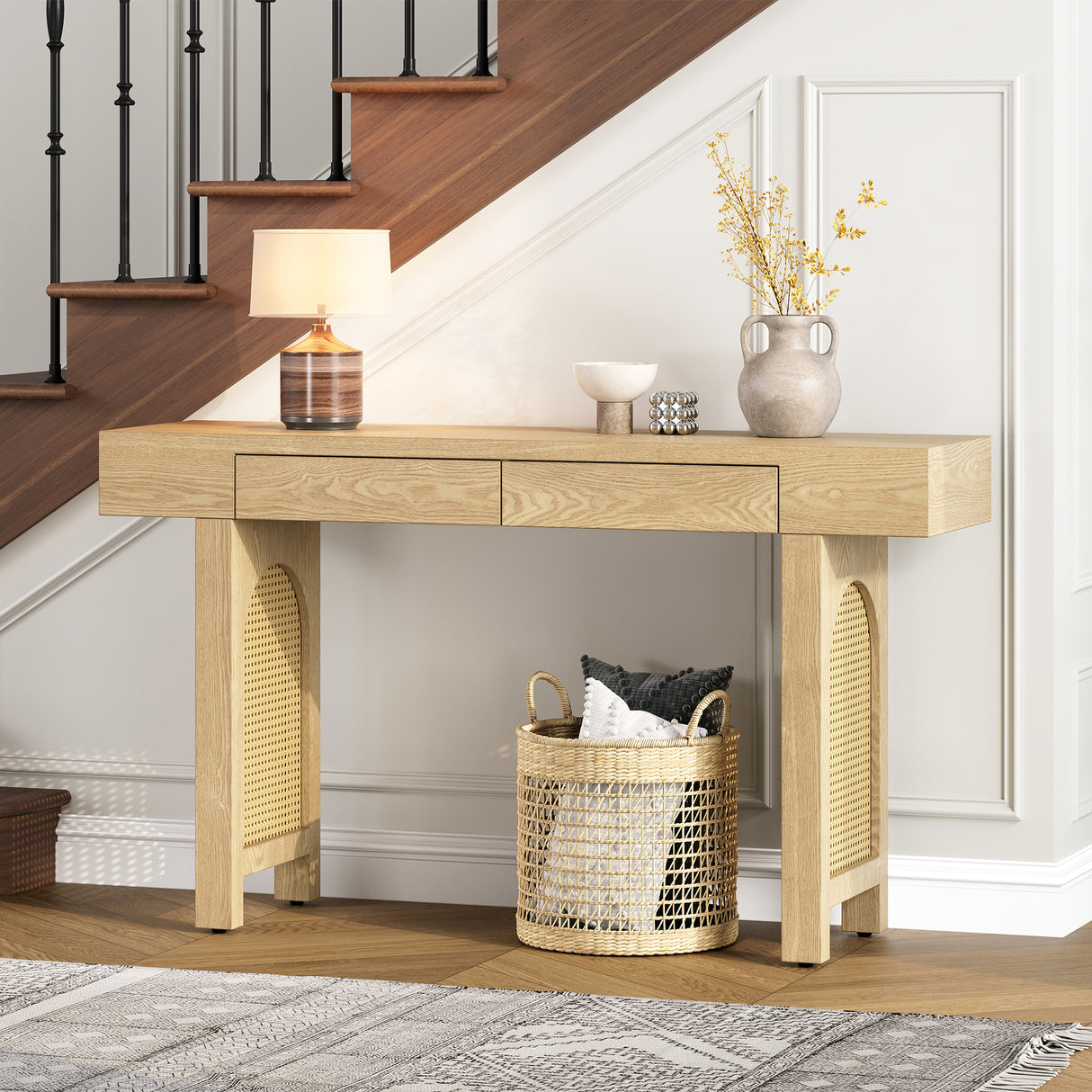 Narrow Console Table with Rattan Accent (Natural)