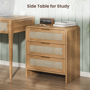 Rattan Nightstand with 3 Drawers set of 2, 22.8' Wide Curved Wooden Bedside Table, Modern Storage for Bedroom, Caramel Oak.