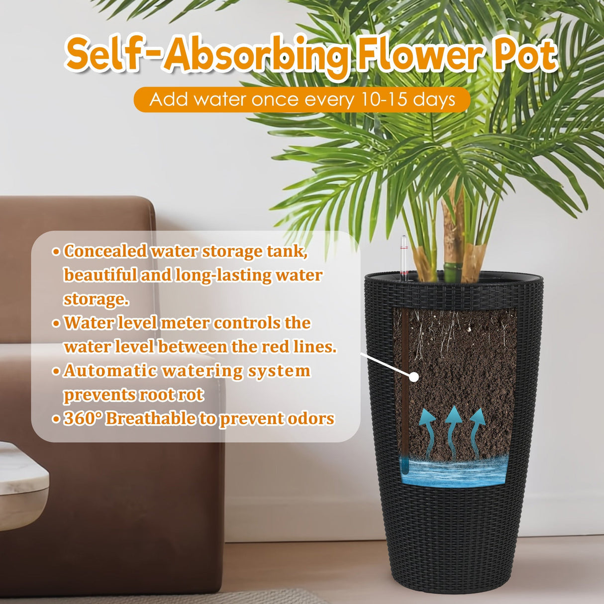 Set of 2 Faux Rattan Tall Planters with Automatic Watering System
