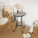 Ceramic Tile and Iron Patio Side Table with Shelf, Brown and Black