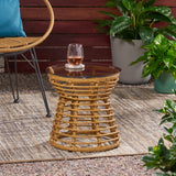 San Pedro Boho Style Side Table with Tempered Glass Top in Light Brown Rattan