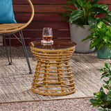 San Pedro Boho Style Side Table with Tempered Glass Top in Light Brown Rattan