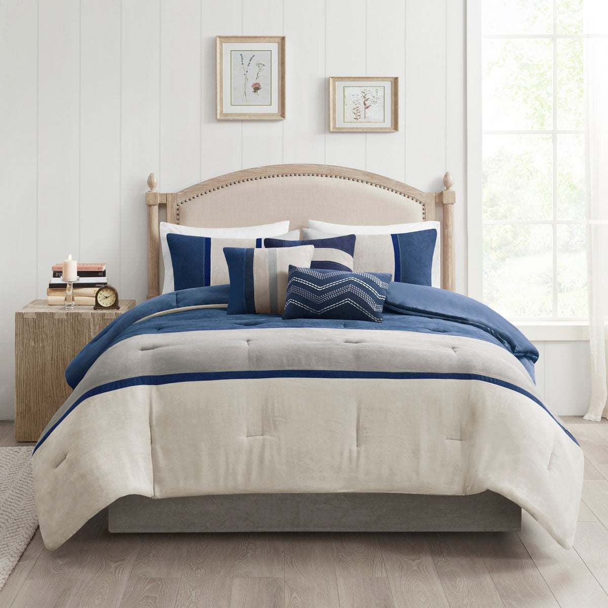 Blue Faux Suede 7 Piece Comforter Set with Hypoallergenic Fill - King