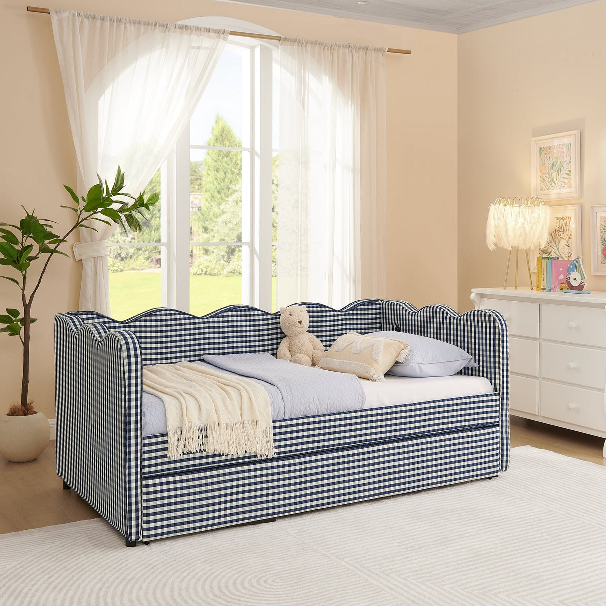Cozy Gingham Daybed with Trundle Twin Size Sofa Bed