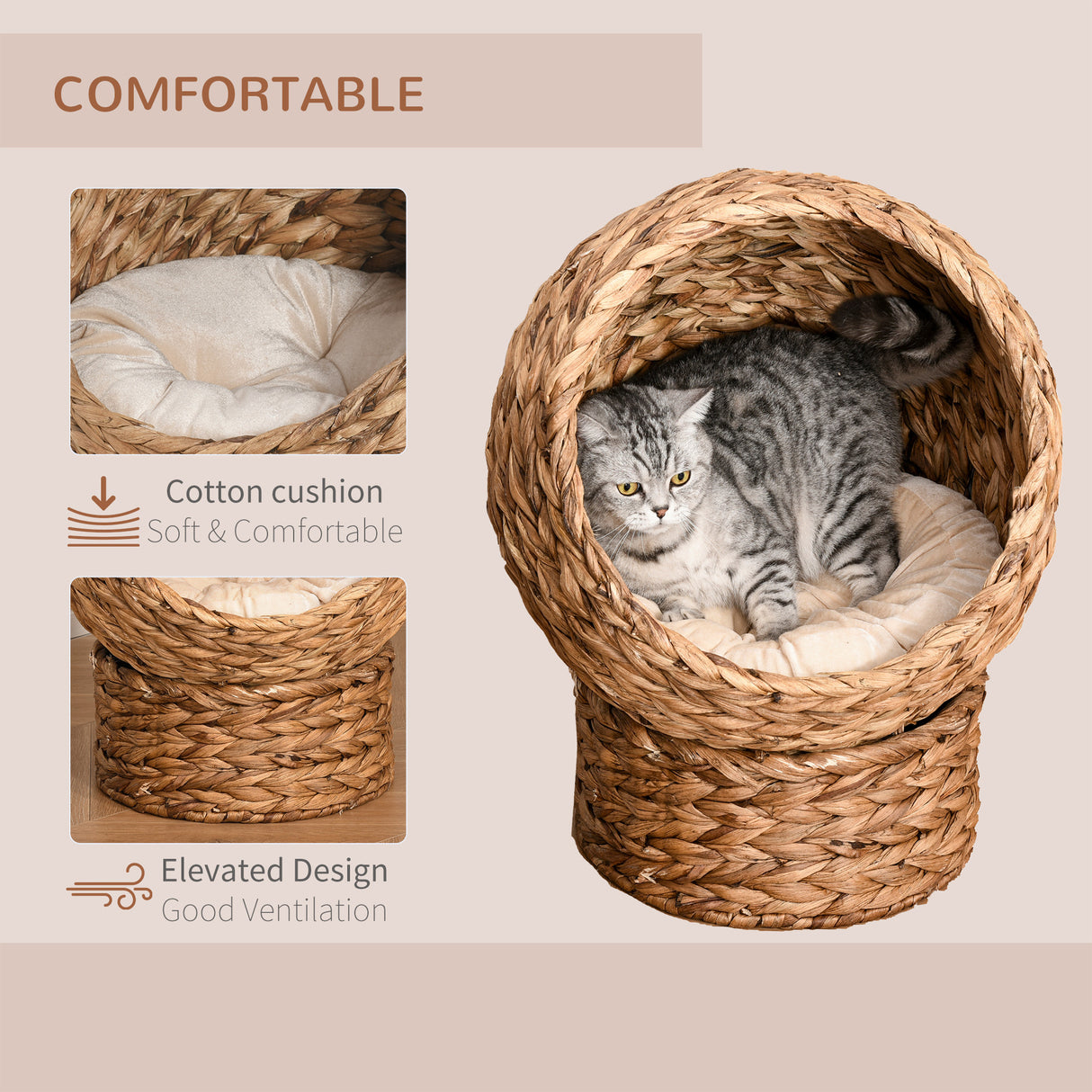 PawHut Wicker Egg Cat Bed with Cushion – Raised Indoor Cat Basket, 23.5" H, Brown