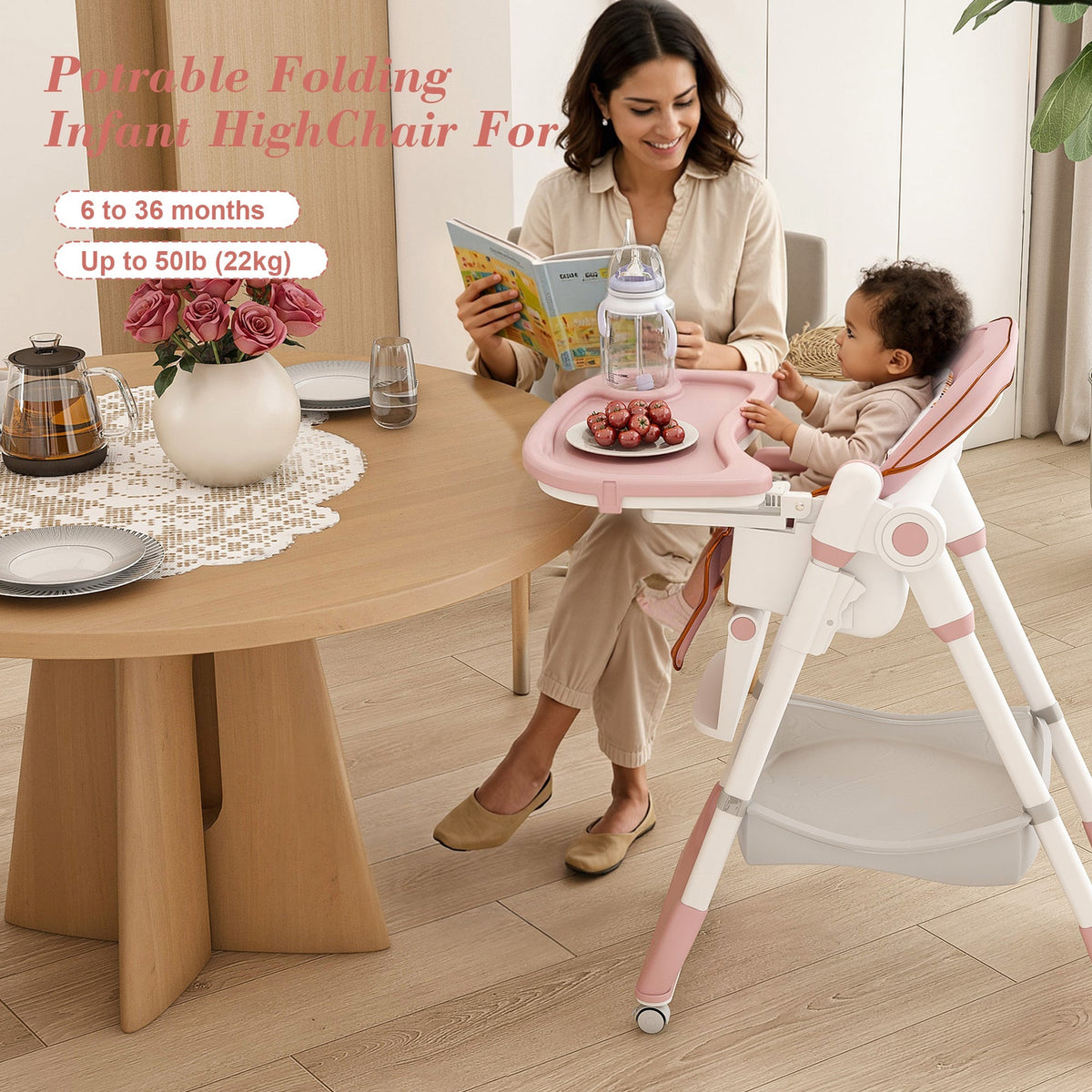 Adjustable Baby High Chair with Safety Belt and Lockable Wheels – Pink