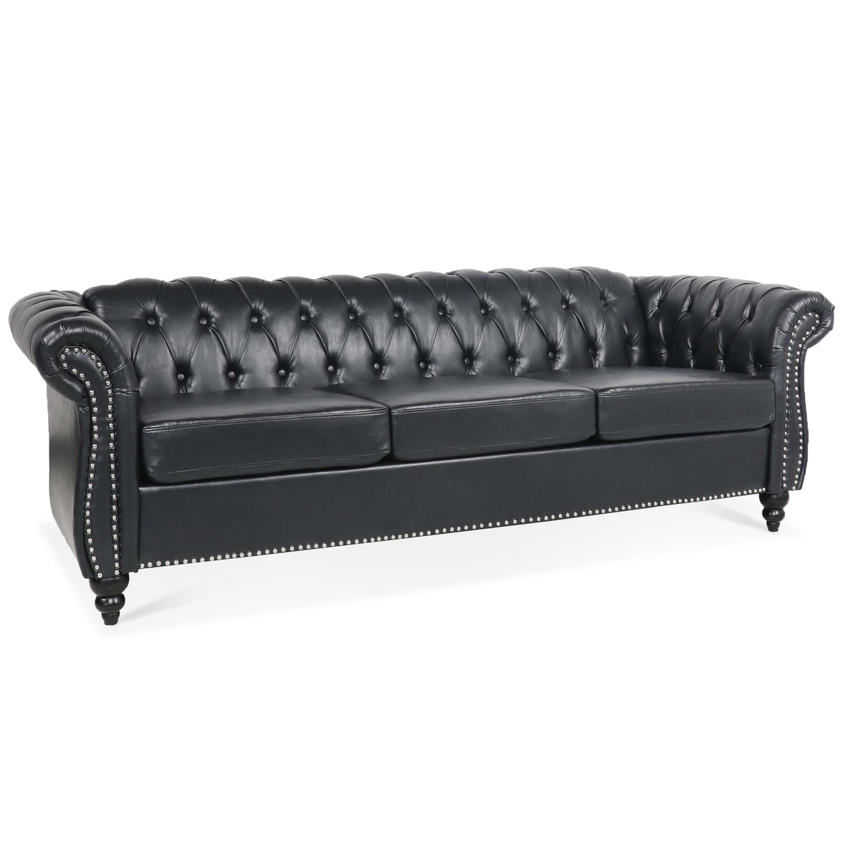 84.65' Black PU Rolled Arm Chesterfield Three Seater Sofa