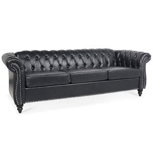 84.65' Black PU Rolled Arm Chesterfield Three Seater Sofa
