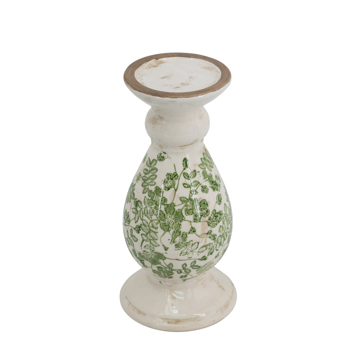 White Ceramic Candle Holder with Green Floral Patterns - 10" Height