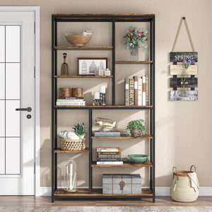 Extra Tall 8 Tier Staggered Etagere Bookcase With 8 Shelves Organizer For Living Room - Rustic Brown