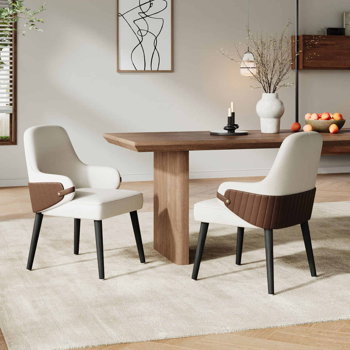 Indoor Dining Chair Set of 2 with Ergonomic Armrests - Beige/Brown