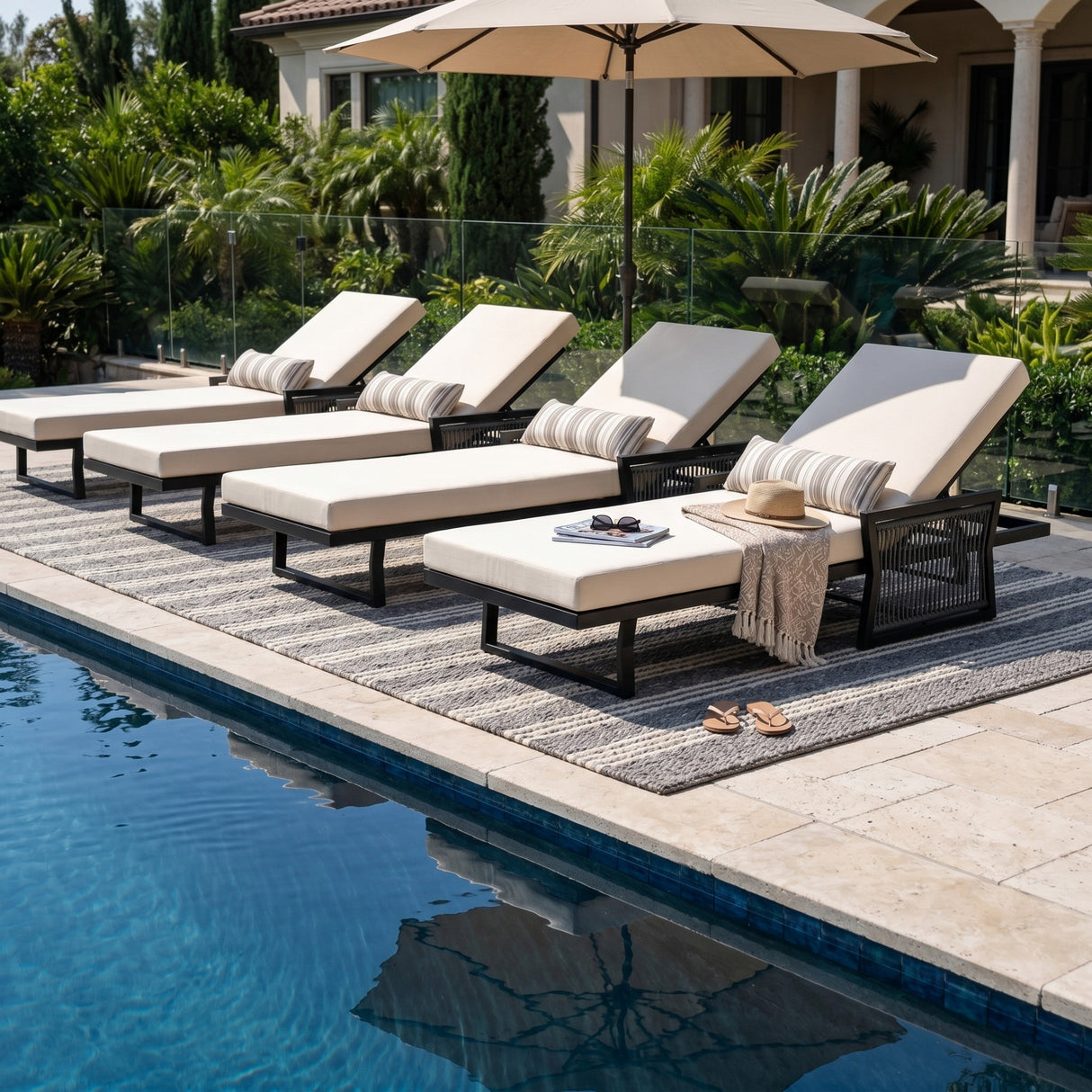 Black Iron Outdoor Chaise Lounge with Cream Cushion