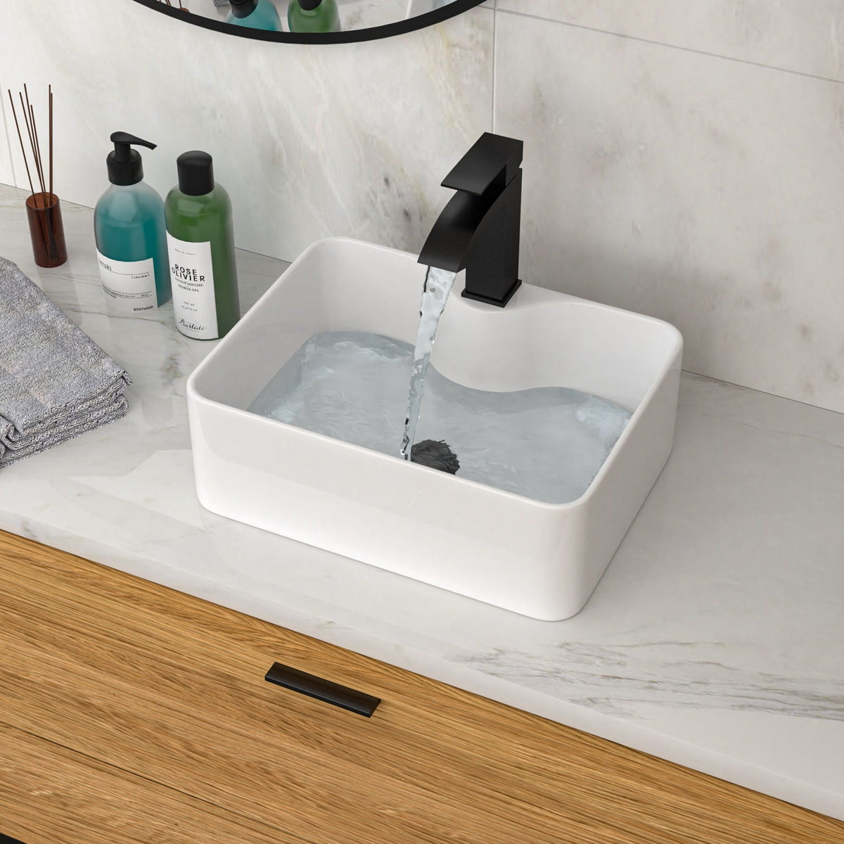 Rectangular Vessel Sink With Faucet & Drain - White / Black