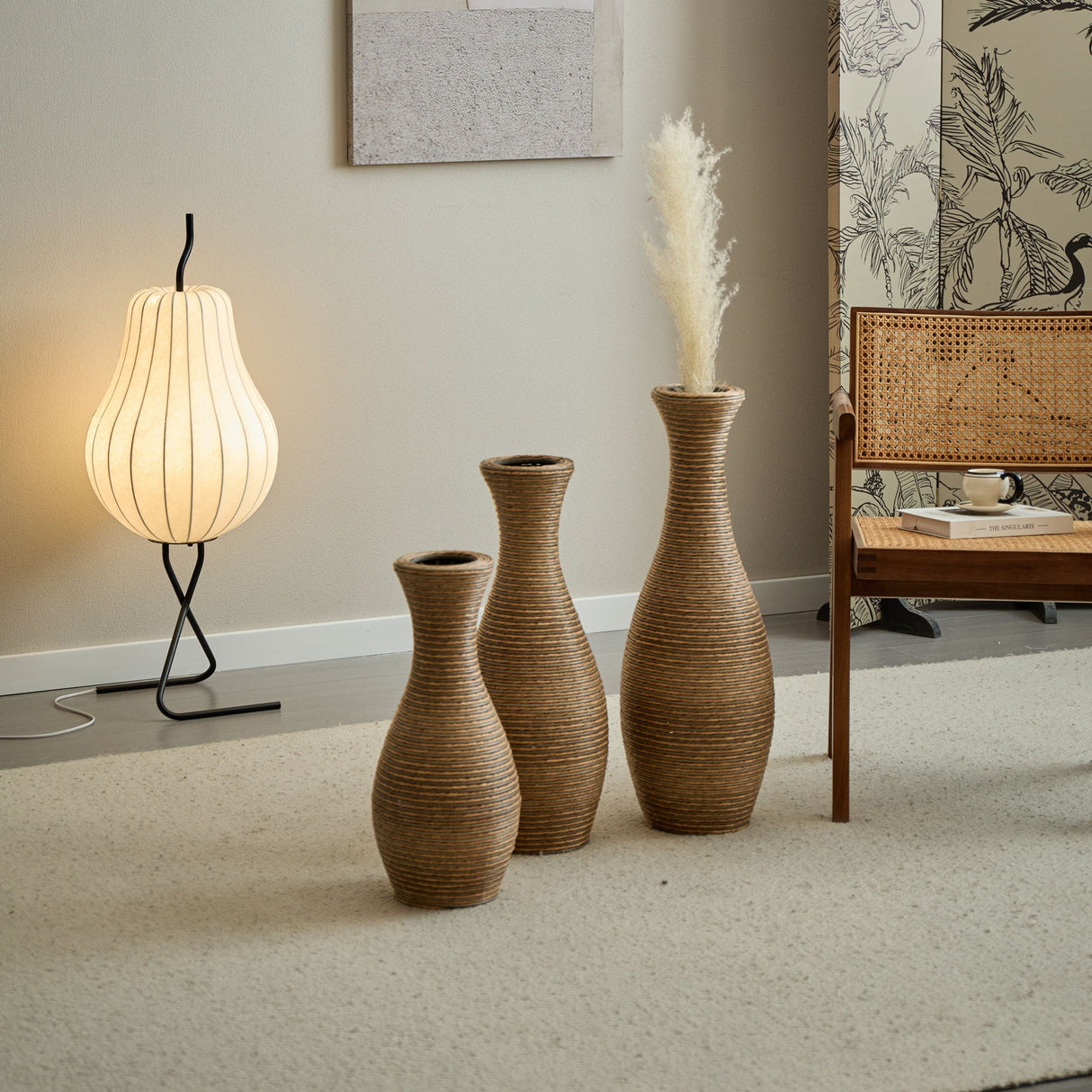 3 Piece Artificial Rattan Floor Vase Set Decorative Accent For Living Room, Hallway & Entryway, Ideal For Dried Or Silk Flower Arrangements - Beige