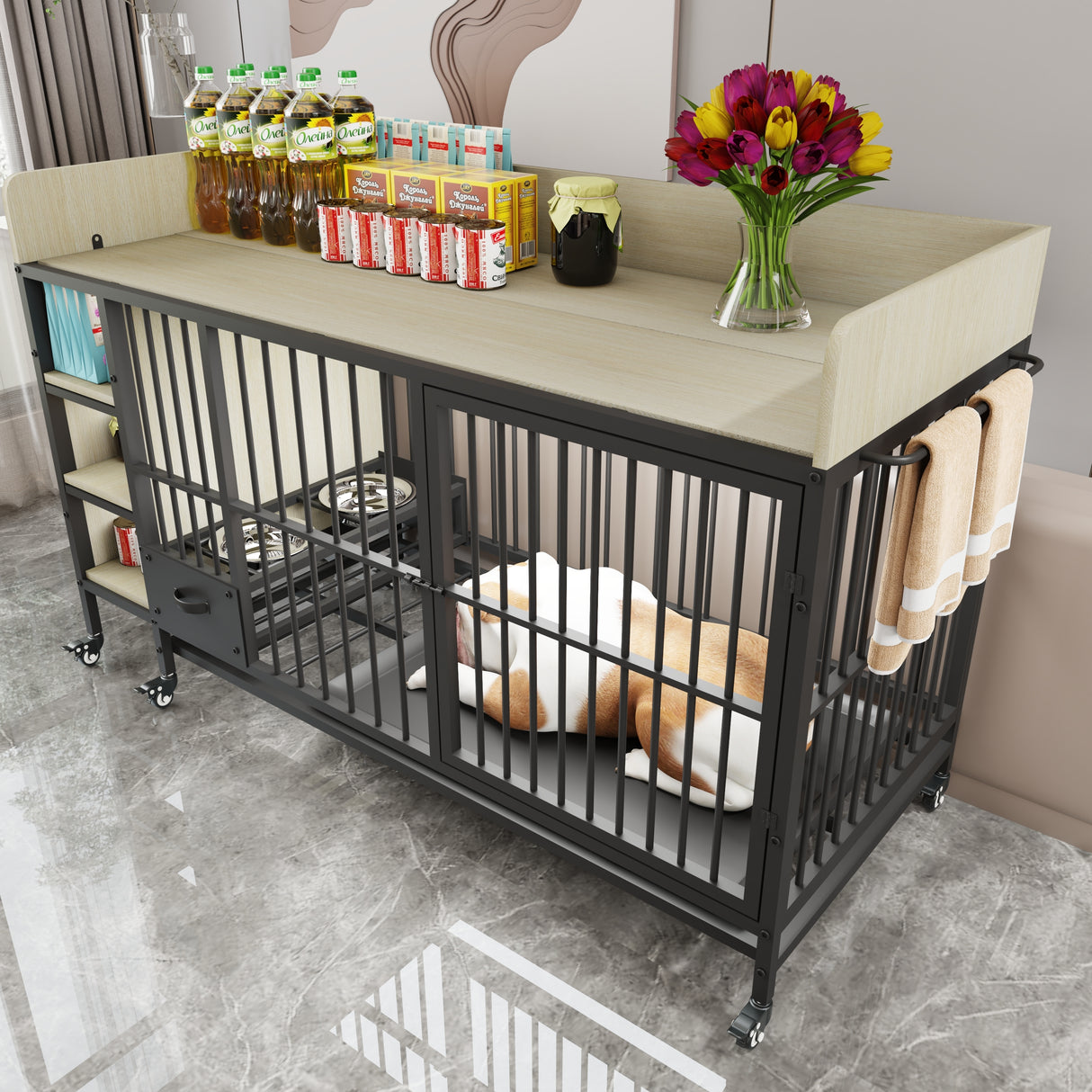 Large pet cage with storage rack, (black+beige)