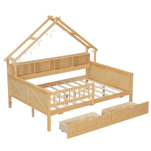 House Style Platform Bed With LED Lights, Storage Shelves, Drawers, And Guardrail