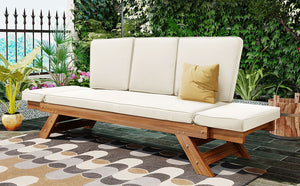 Topmax Outdoor Adjustable Patio Wooden Daybed Sofa Chaise Lounge with Cushions
