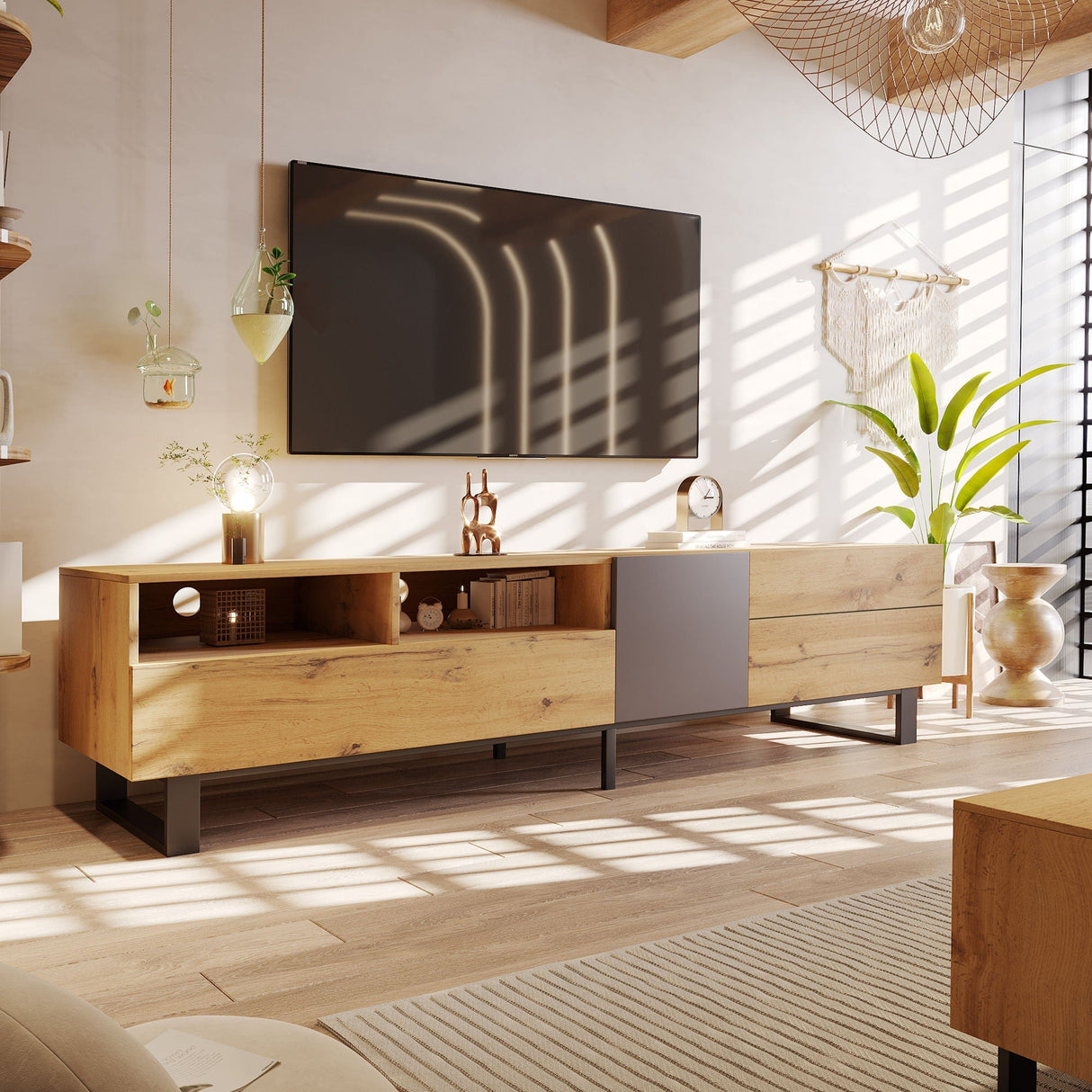 TV Stand for 80" TV with Double Storage Space and Drop Down Door