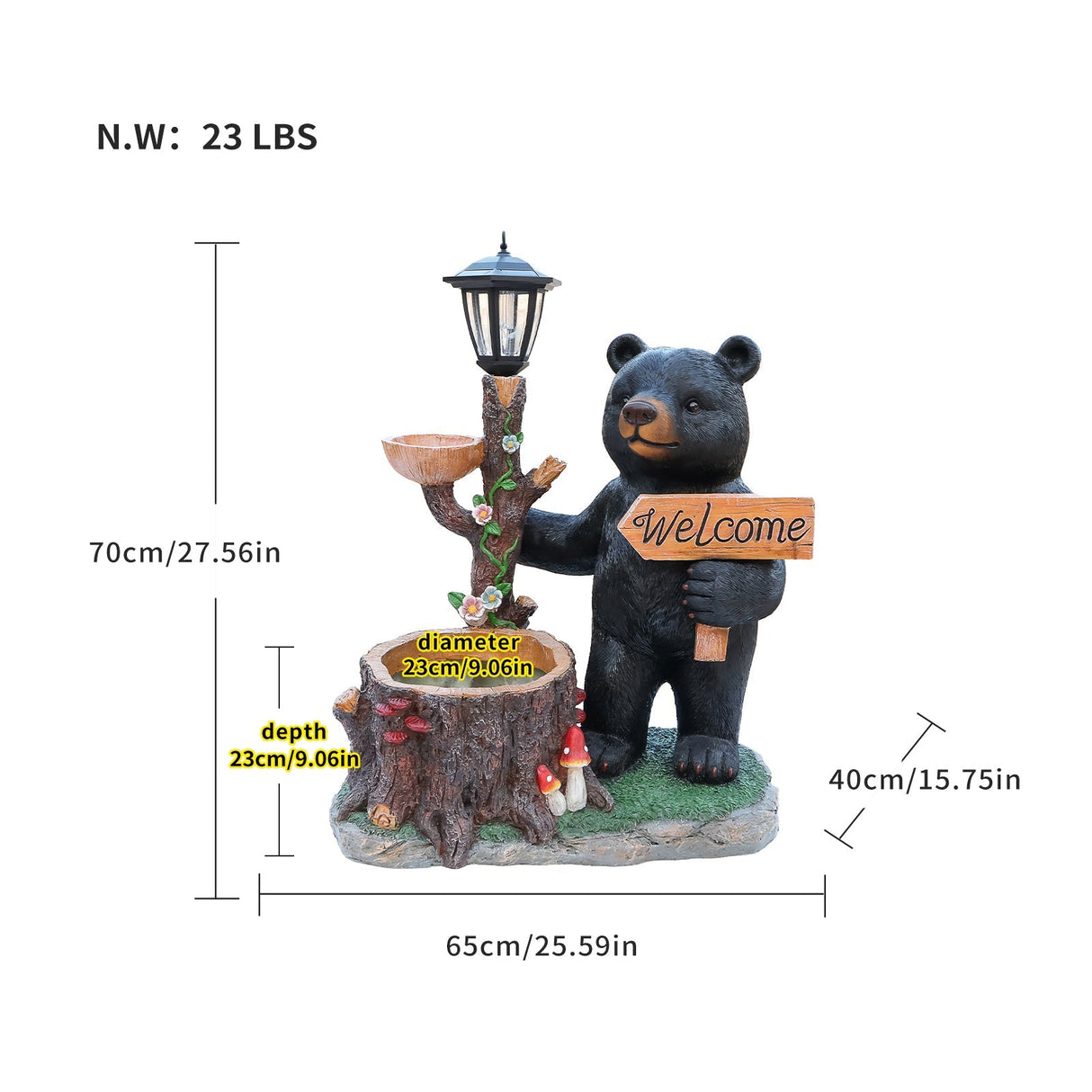 Decorative Standing Black Bear Garden Planter with Solar-Powered Lantern