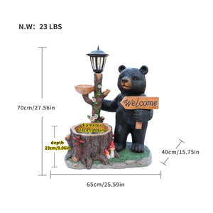 Decorative Standing Black Bear Garden Planter with Solar-Powered Lantern