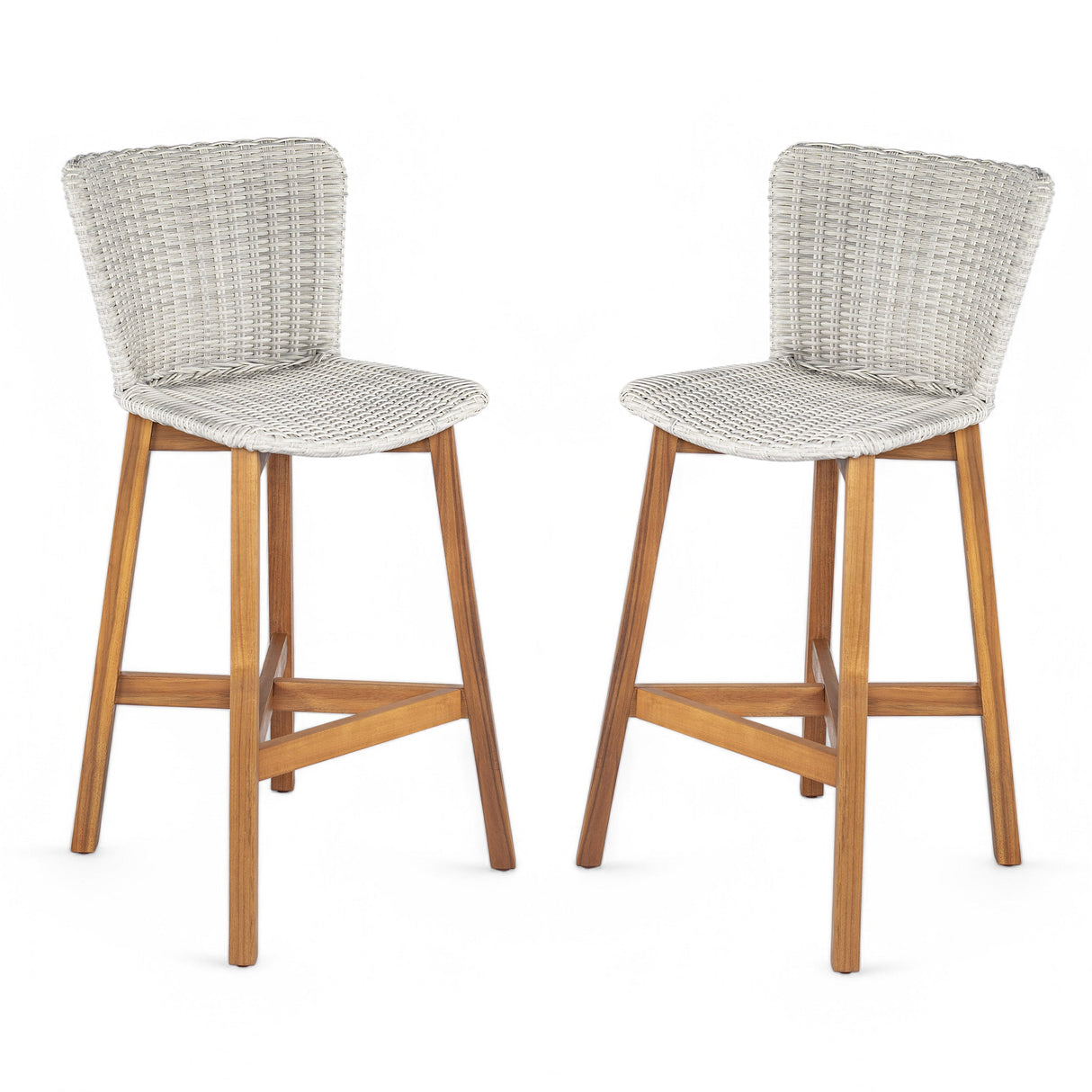 Lymington Outdoor Bar Stool Set of 2, Teak Finished Wood with Light Grey Wicker
