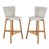 Lymington Outdoor Bar Stool Set of 2, Teak Finished Wood with Light Grey Wicker