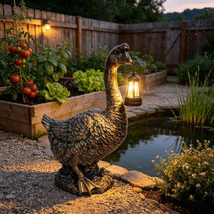 21'' Antique Bronze Goose Statue With Solar Lantern