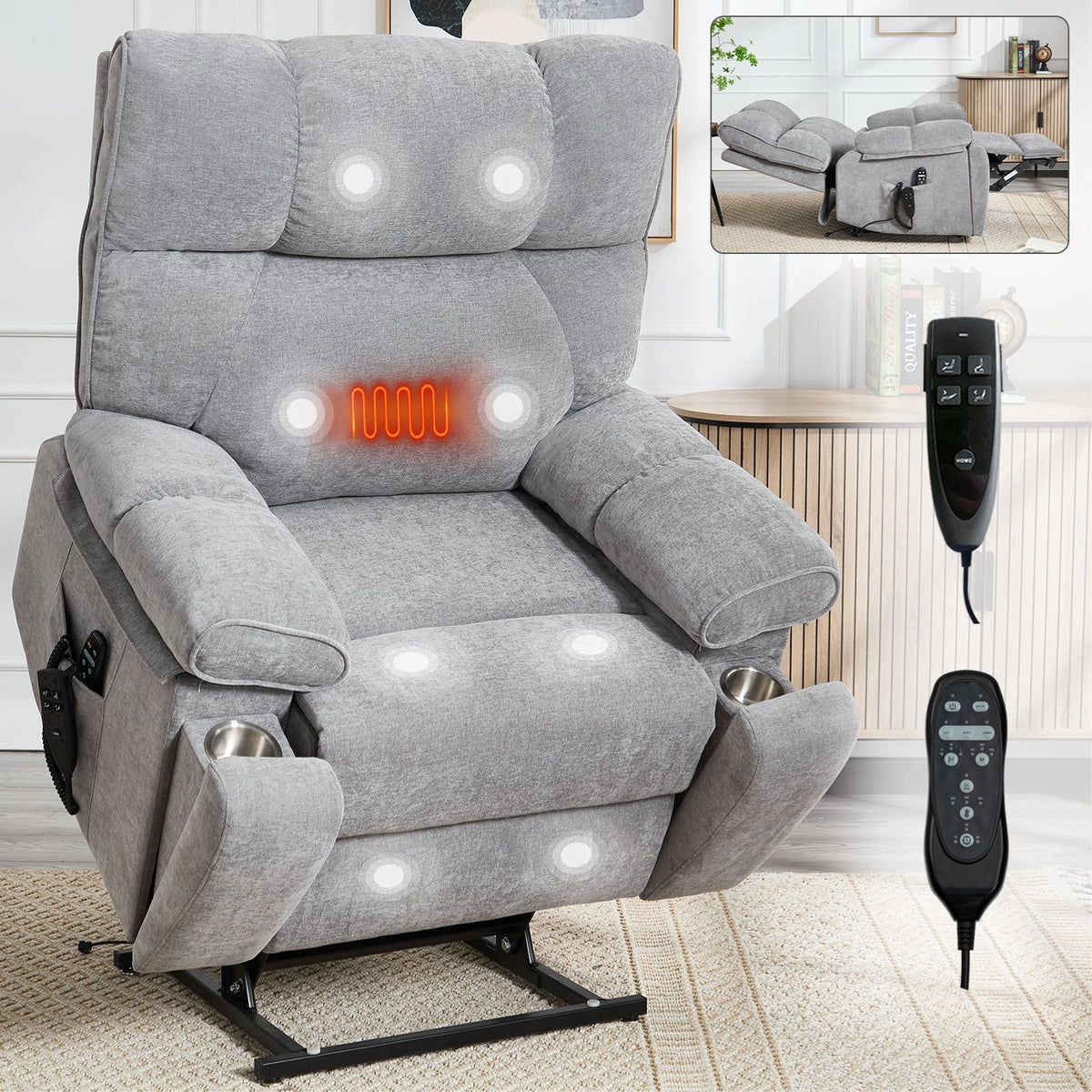 Grey Heat Massage Dual Motor Power Lift Recliner with Chenille Upholstery - Grey
