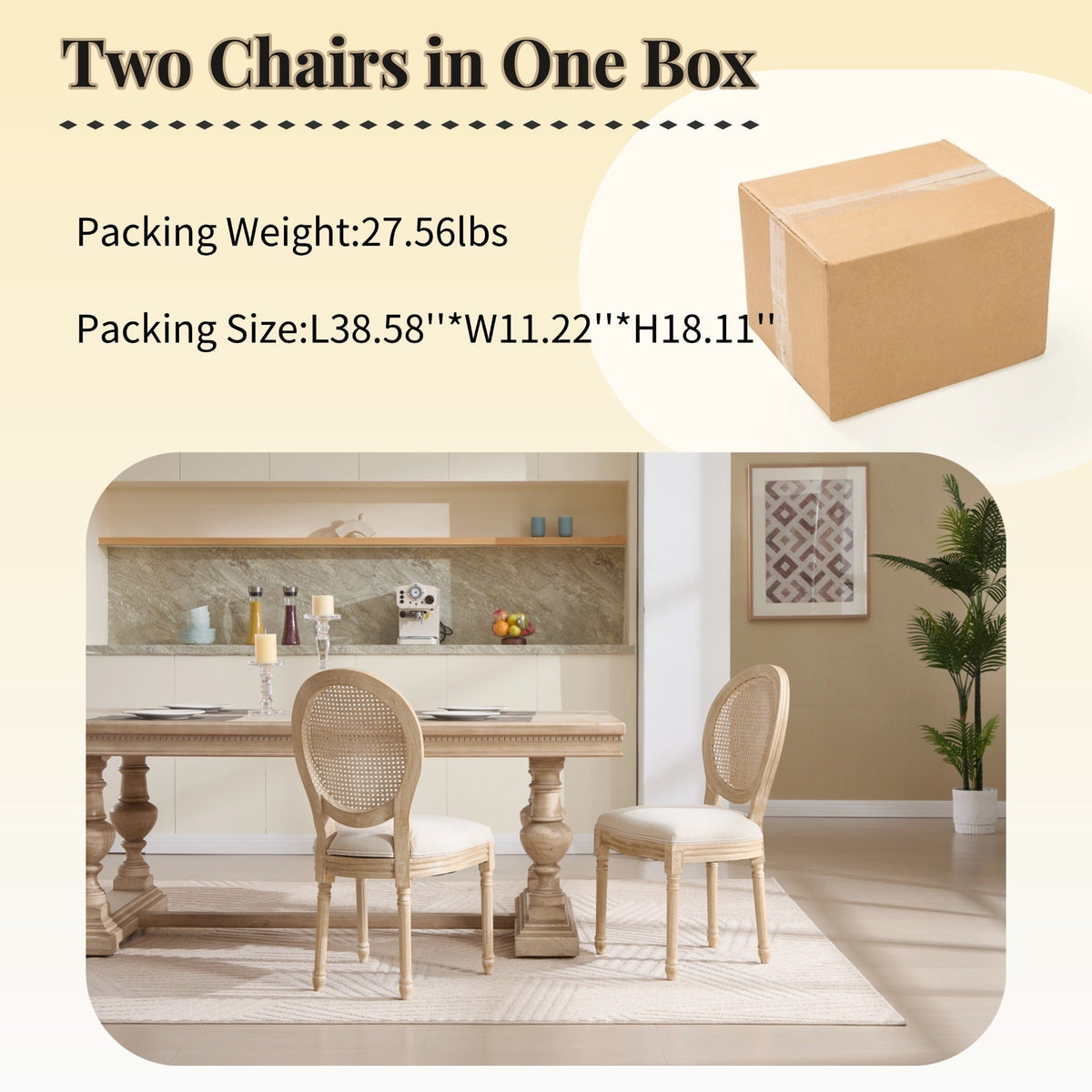 French Country Dining Chairs Set of 2 with Rattan Back - Beige Upholstery