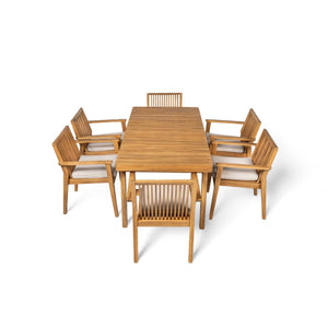 7 Piece Patio Furniture Set Acacia Wood Table and 6 Heavy Duty Cushioned Chairs
