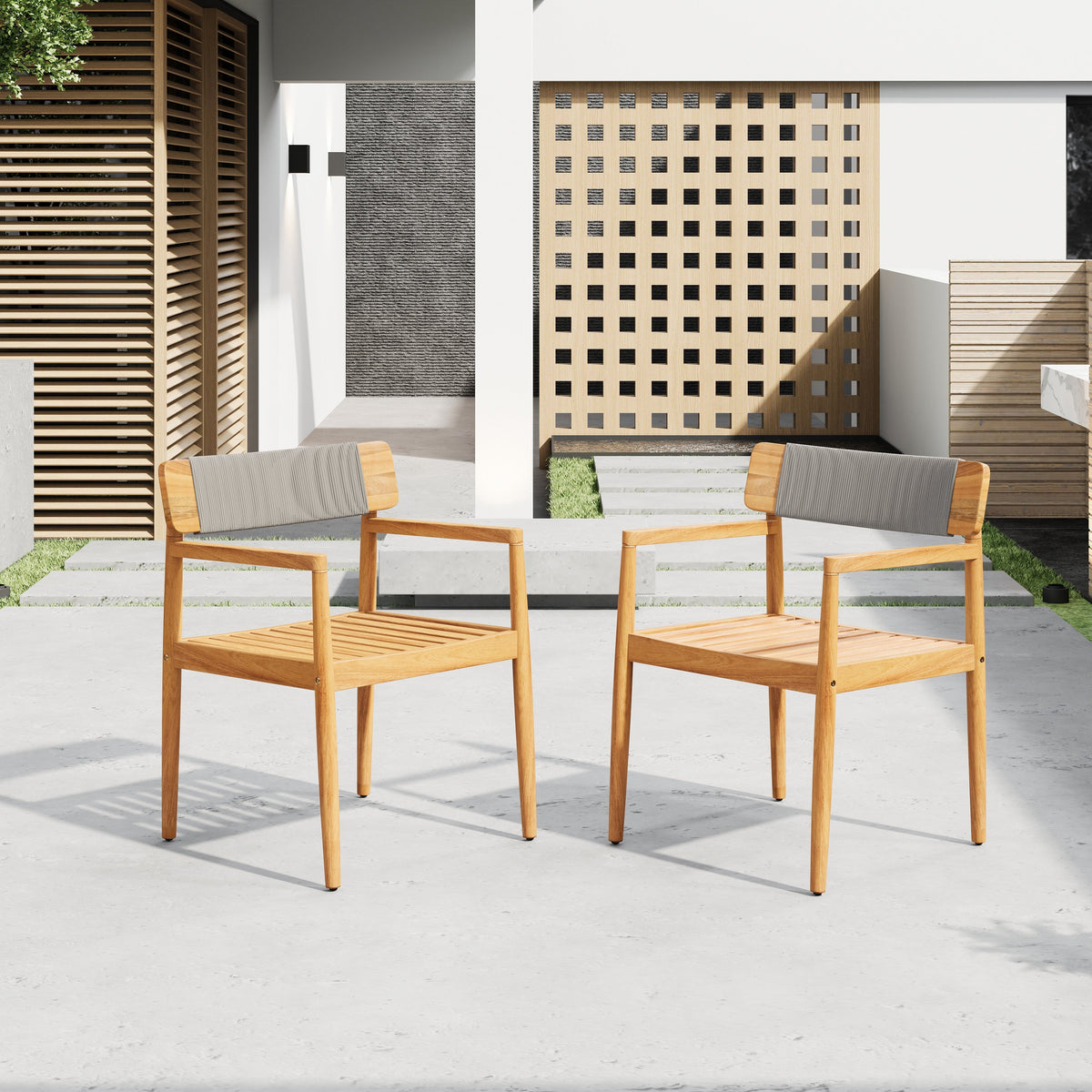 Creative Braided Acacia Wood Outdoor Dining Chairs with Armrests - Grey