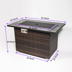 44' Propane Gas Fire Pit Table, 50000 BTU Rectangular Fire Pit, Tile Tabletop with Beautiful Wicker Base for Outside Patio Deck Garden Courtyard-Brown