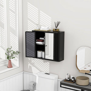 Black Wall-Mounted Bathroom Cabinet with Mirror, 2 Mirrored Doors & Open Shelf