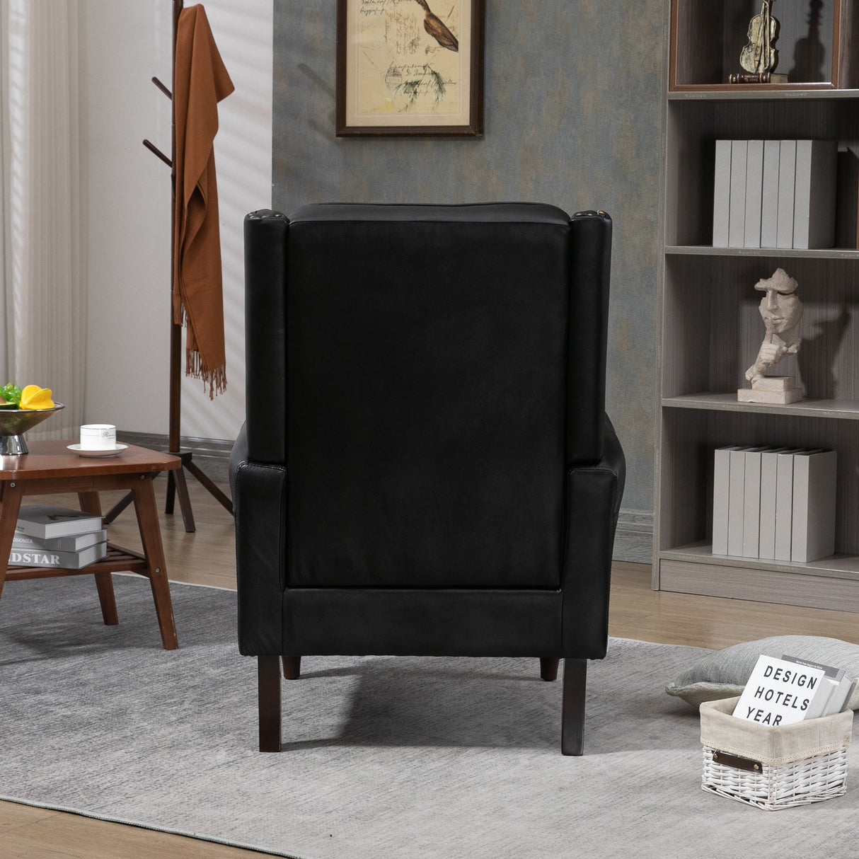 Modern Accent Armchair with Black PU Leather and Wood Legs