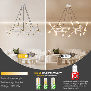 41' White & Golden Modern Chandelier Light Fixture, Branch Design with Frosted Tubes, Black Cords, Adjustable Height Pendant Light for Dining Room, Living Room, or Kitchen Island (Bulb Not Included)