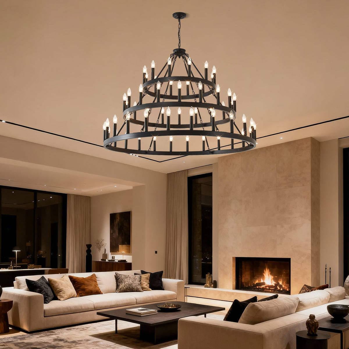 3 Tiers Wagon Wheel Chandelier - 54-Light Matte Black Metal