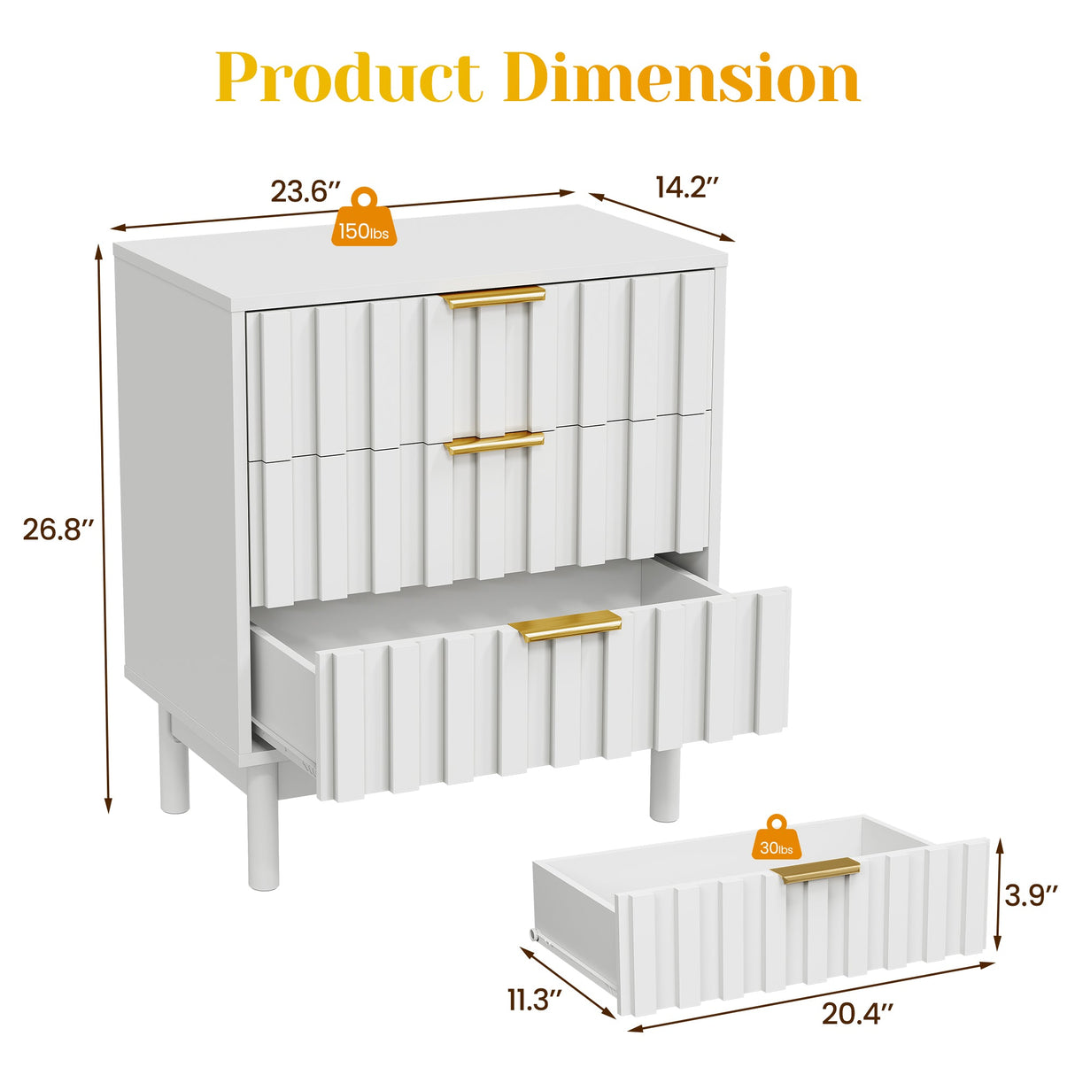 3 Drawer Dresser with Fluted Panel Design