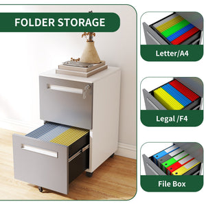 2-Drawer Mobile File Cabinet With Lock,On 360° Wheels, Holds A4/Letter/Legal Files - White