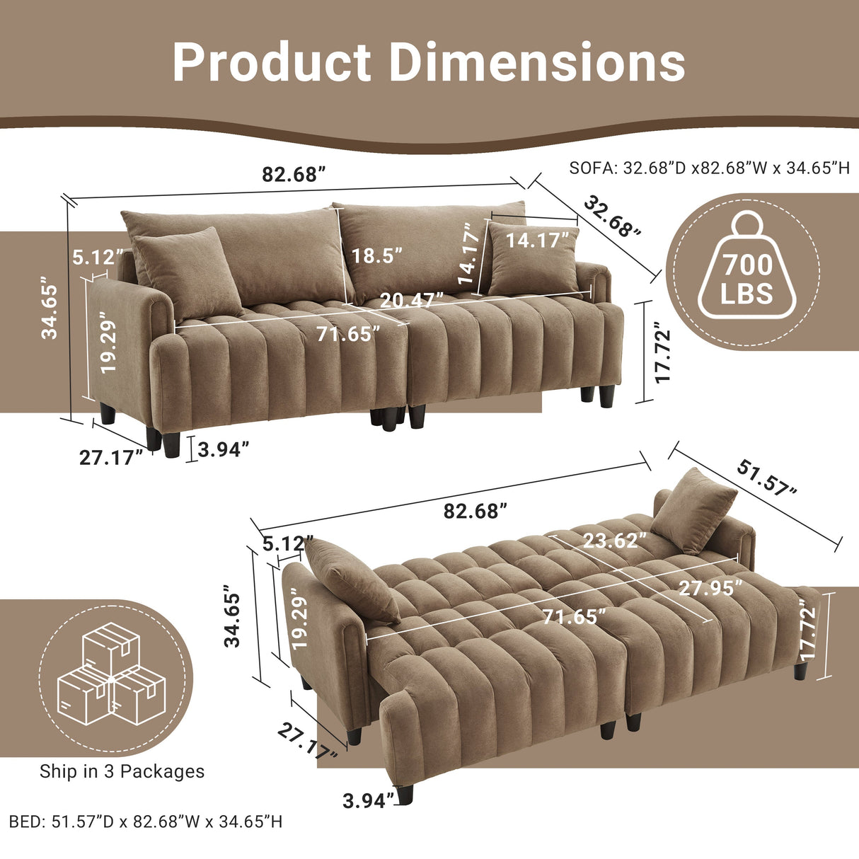83'' Futon Sofa Bed with Adjustable Backrest and 2 Pillows
