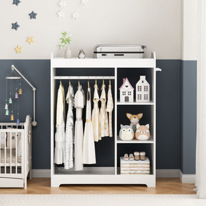 Dress Up Storage With Mirror And Hooks, Clothes Rack With Hanging Rod, 3 Side Hooks, Open Shelves, Top Shelf Organizer - White
