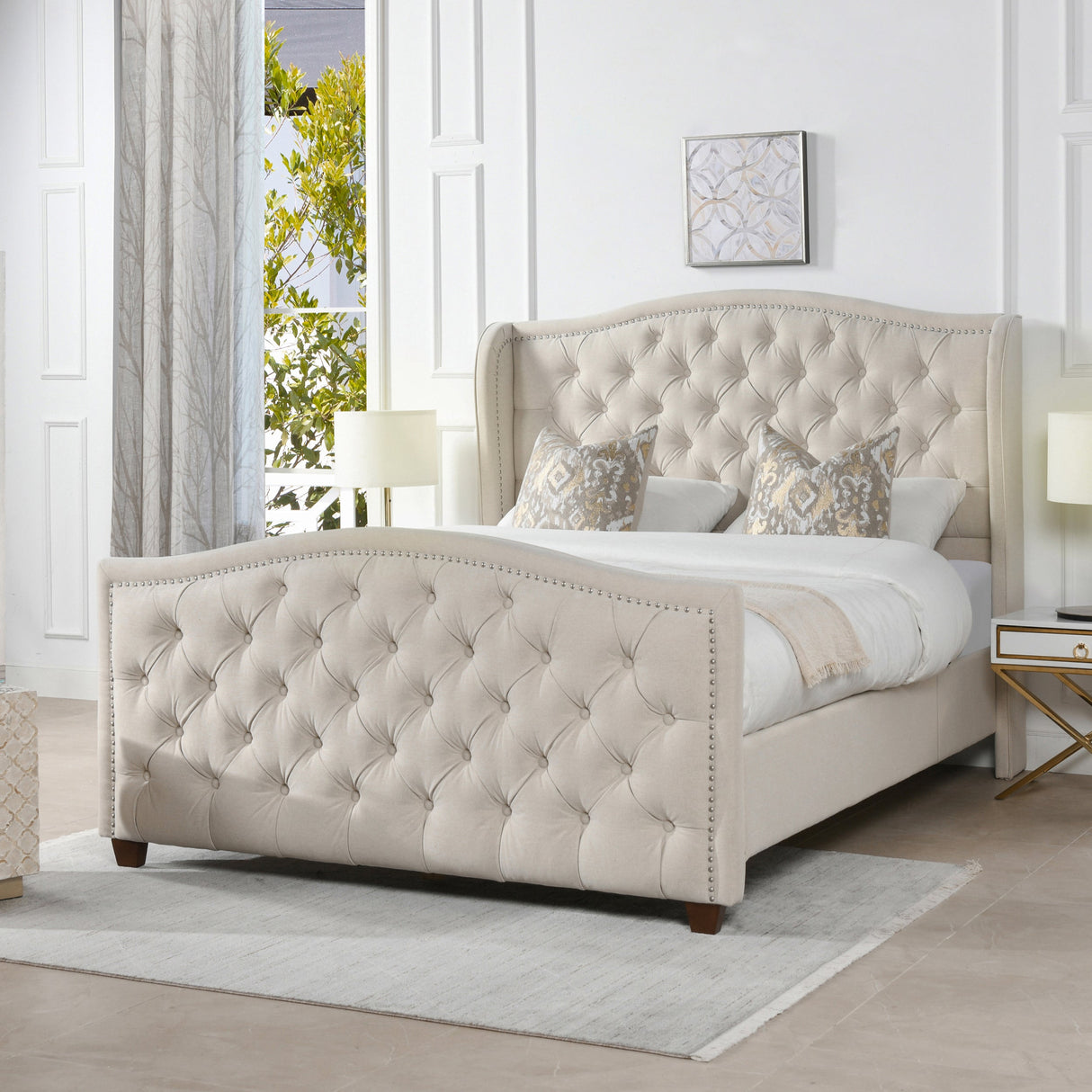 Marcella Upholstered Shelter Headboard Bed Set, Queen, Sky Neutral Beige Polyester