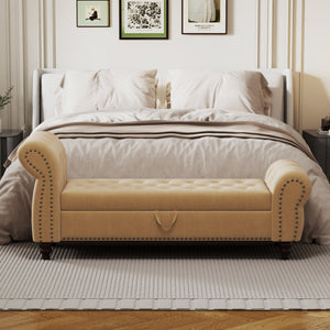 64.5' Velvet Upholstered Bed Bench with Storage and Tufted Nails