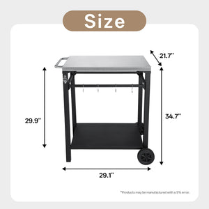 2-Tier Outdoor Grill Cart with Stainless Steel Top, Large Wheels & Tool Hooks