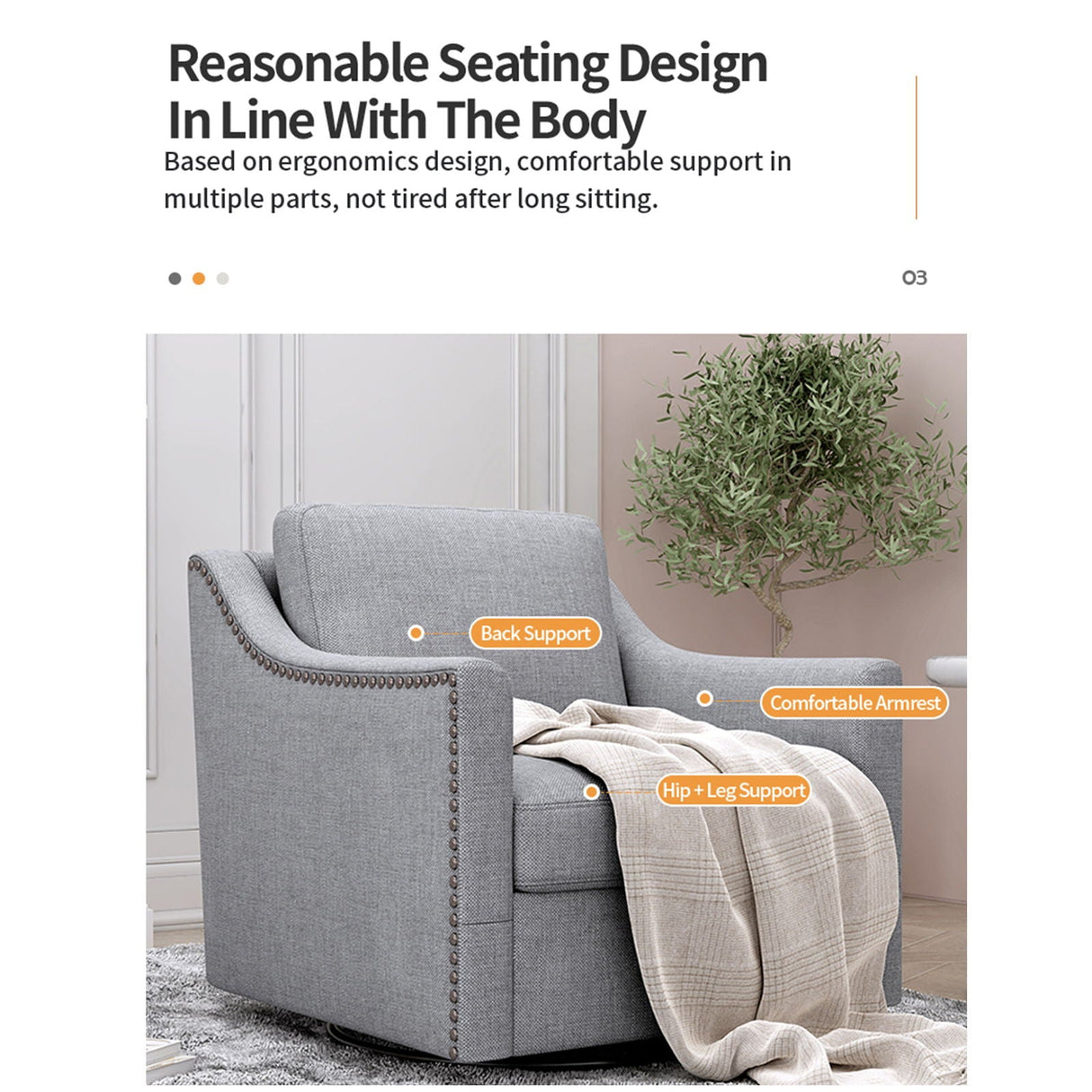 360 Degree Swivel Armchair, Skin Friendly Fabric, Ergonomic Design, Brass Nail Decorative Armchair